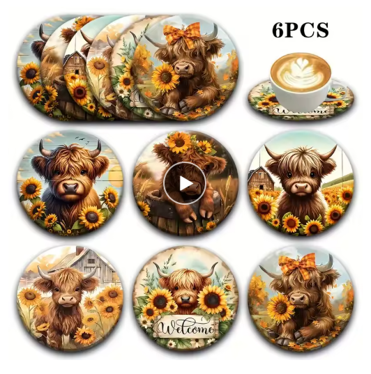 Highland Cow Coaster Set – 6 Piece Collection