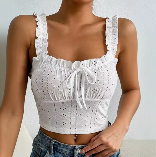 Broderie Frill Tie Front Crop Top