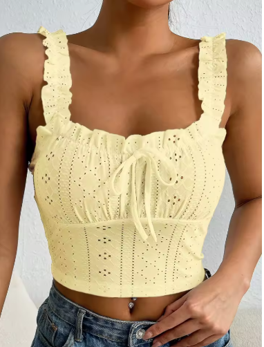 Broderie Frill Tie Front Crop Top