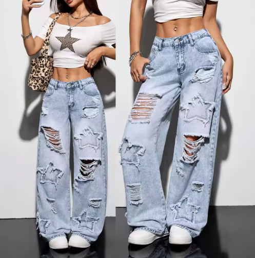Women's High Waist Distressed Wide Leg Jeans
