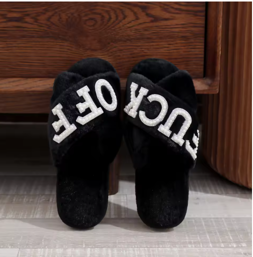 Light Luxury Black Cross-Strap Plush Home Slippers with Pearl Rhinestone