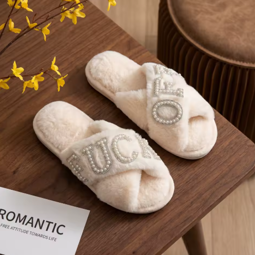 Light Luxury Black Cross-Strap Plush Home Slippers with Pearl Rhinestone