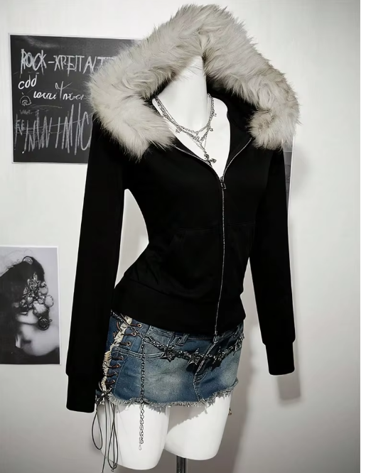 Women's Faux Fur Hooded Zip-Up Hoodie