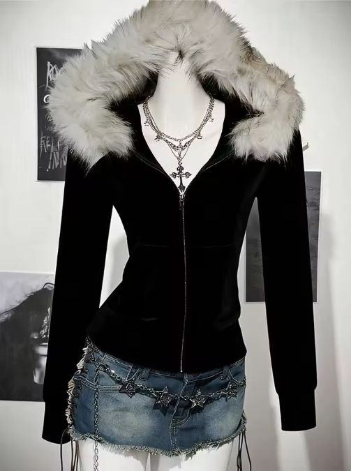 Women's Faux Fur Hooded Zip-Up Hoodie