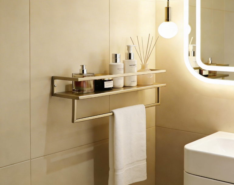 Mounted Towel Rail With Shelf - Gold