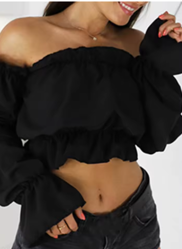 Off-Shoulder Frill Sleeve Crop Top