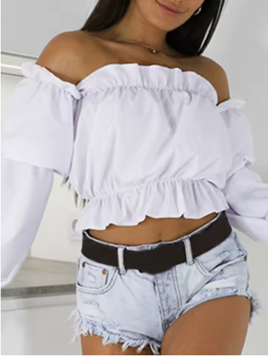 Off-Shoulder Frill Sleeve Crop Top