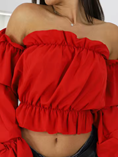 Off-Shoulder Frill Sleeve Crop Top