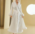 Feather Trim Long Satin Robe