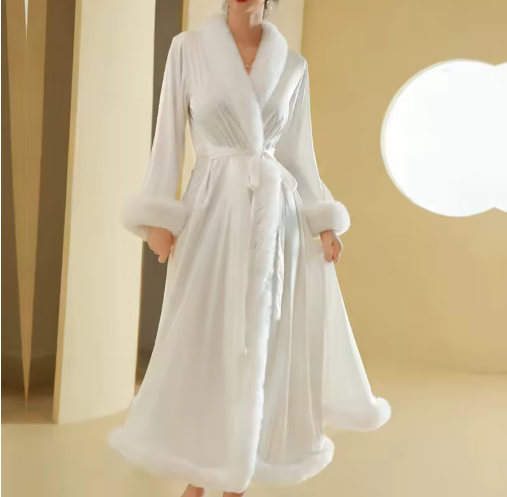 Feather Trim Long Satin Robe