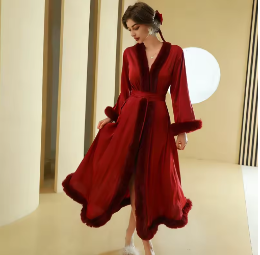Feather Trim Long Satin Robe