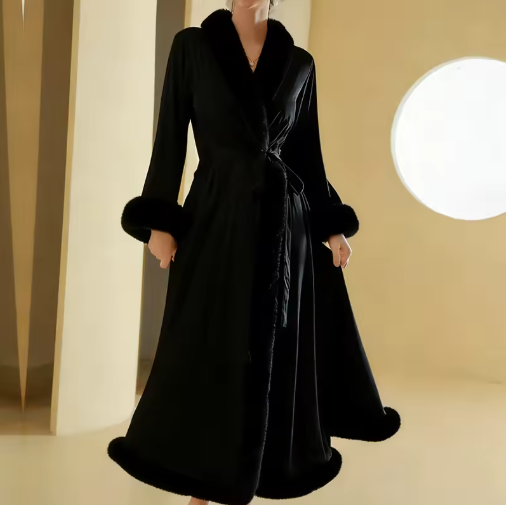 Feather Trim Long Satin Robe