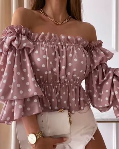Off-Shoulder Frill Sleeve Crop Blouse