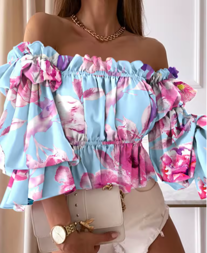 Off-Shoulder Frill Sleeve Crop Blouse