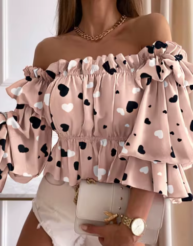 Off-Shoulder Frill Sleeve Crop Blouse