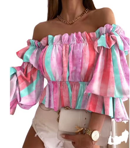 Off-Shoulder Frill Sleeve Crop Blouse