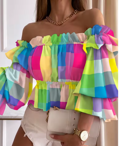 Off-Shoulder Frill Sleeve Crop Blouse