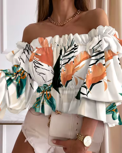 Off-Shoulder Frill Sleeve Crop Blouse