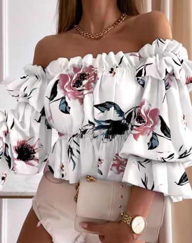 Off-Shoulder Frill Sleeve Crop Blouse