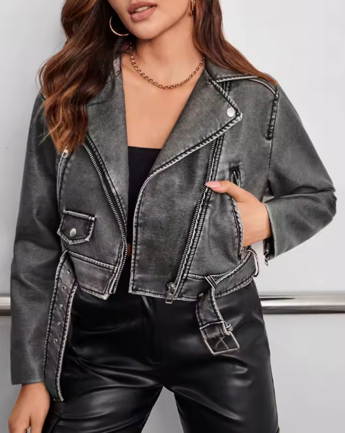 Women's Washed Cropped Biker Jacket