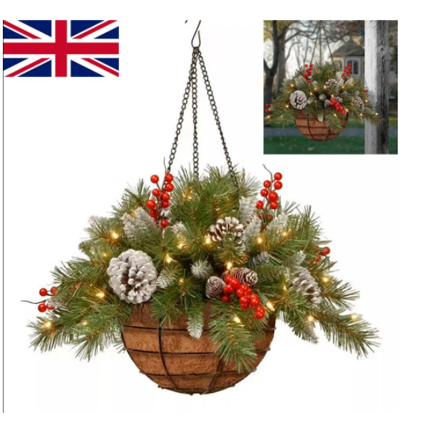 Christmas Artificial Flower Hanging Basket w/ LED Lights Xmas Garden