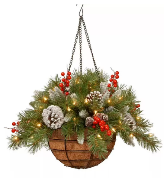 Christmas Artificial Flower Hanging Basket w/ LED Lights Xmas Garden