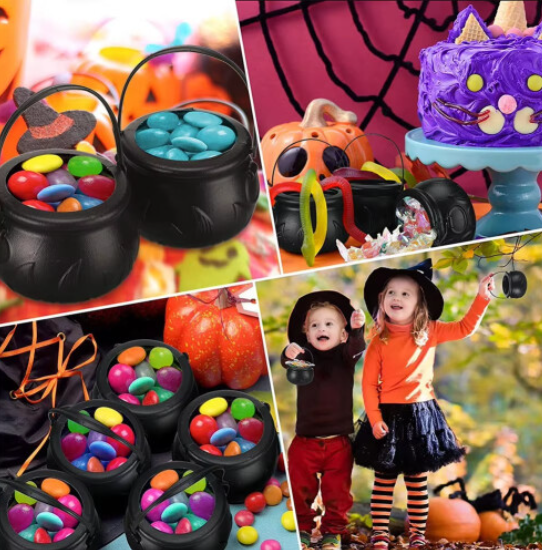 3Pcs Trick or Treat Candy Bucket with Handle & Holder Plastic Witch Cauldron
