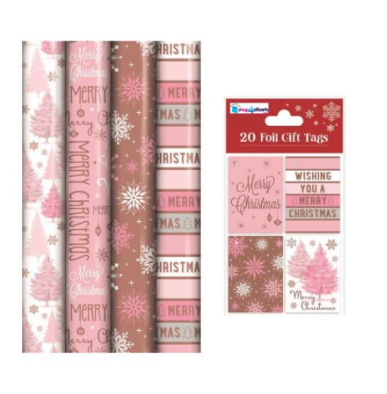 Christmas Gift Wrapping Paper Blush Pink 4 x 8M Rolls With 20 Tags