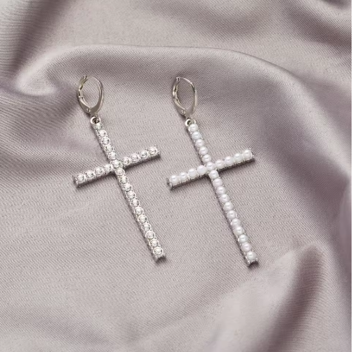 Minimalist Zircon & Pearl Cross Drop Earrings