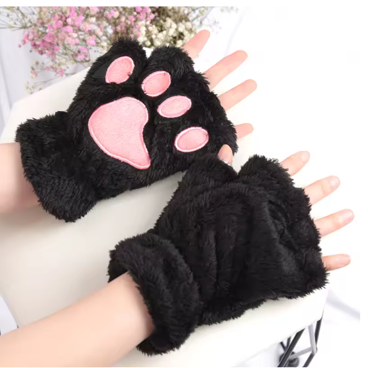 Cute Plush Cat Paw Fingerless Gloves