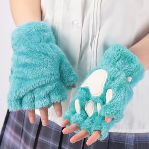 Cute Plush Cat Paw Fingerless Gloves