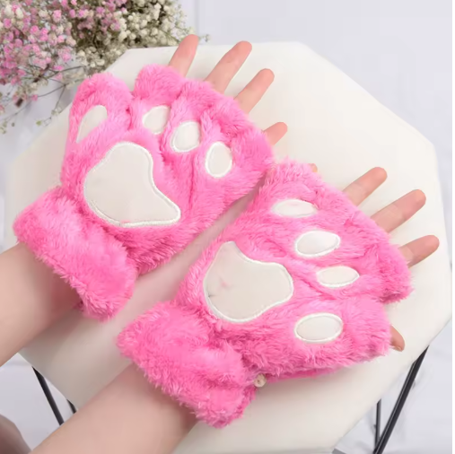 Cute Plush Cat Paw Fingerless Gloves