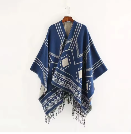 Women's Geometric Tassel Poncho Shawl