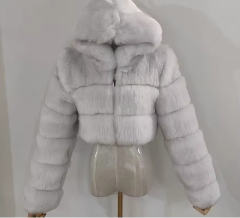 Women's Luxury Faux Fur Hooded Cropped Jacket