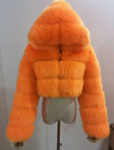 Women's Luxury Faux Fur Hooded Cropped Jacket