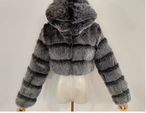 Women's Luxury Faux Fur Hooded Cropped Jacket