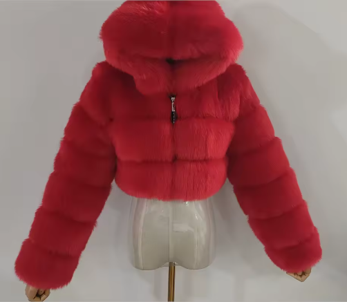 Women's Luxury Faux Fur Hooded Cropped Jacket