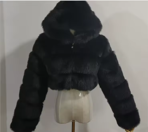 Women's Luxury Faux Fur Hooded Cropped Jacket