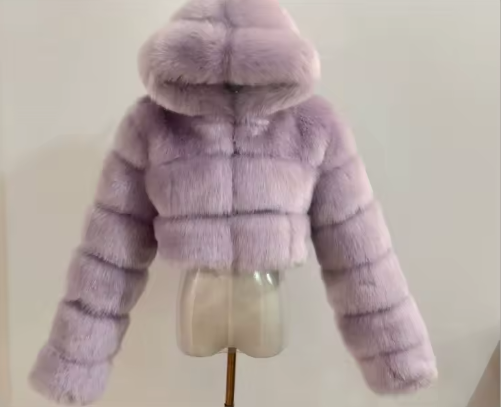 Women's Luxury Faux Fur Hooded Cropped Jacket