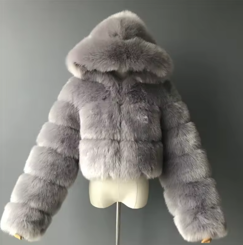 Women's Luxury Faux Fur Hooded Cropped Jacket