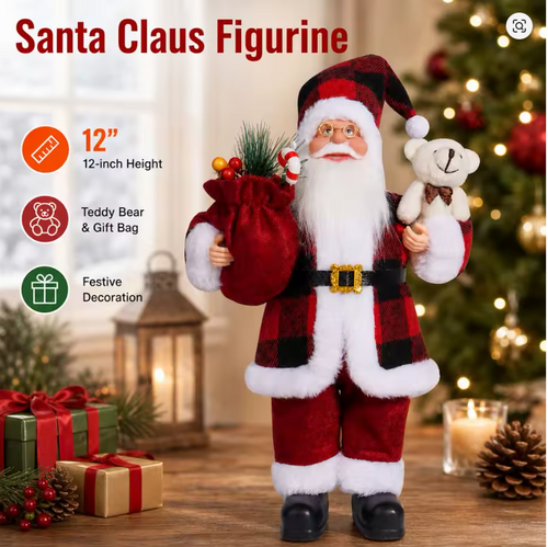 12-Inch Santa Claus Christmas Figurine with Teddy Bear & Gift Sack