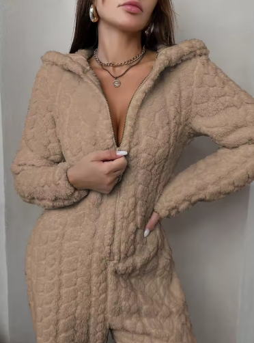 Women’s Fluffy Hooded Zip-Up Jumpsuit