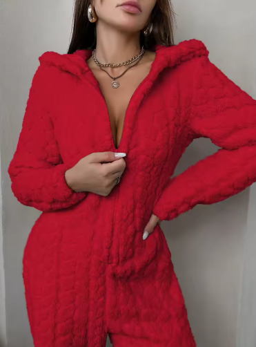 Women’s Fluffy Hooded Zip-Up Jumpsuit
