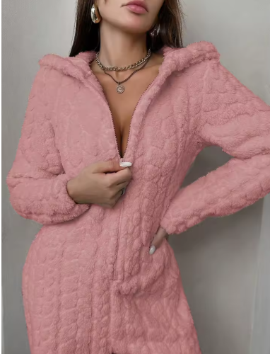 Women’s Fluffy Hooded Zip-Up Jumpsuit