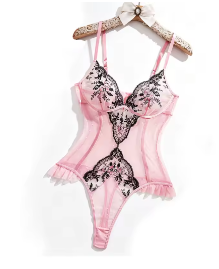 Pink Floral Embroidered Lace Bodysuit