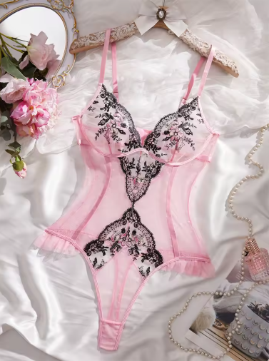 Pink Floral Embroidered Lace Bodysuit