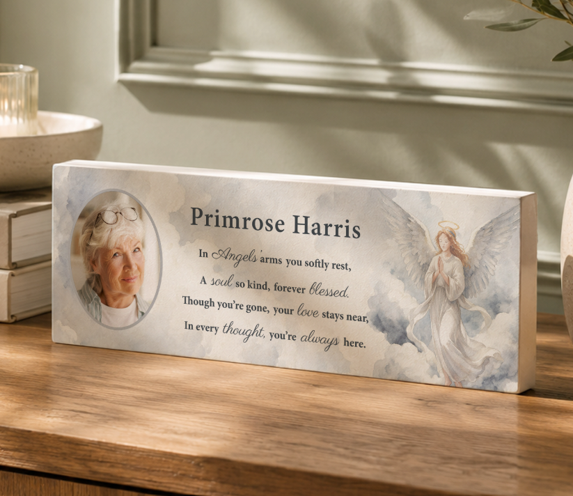 Personalised Memorial Angel Photo Upload Wooden Mantle Block