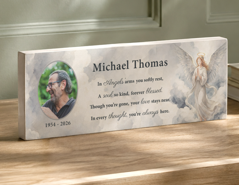 Personalised Memorial Angel Photo Upload Wooden Mantle Block