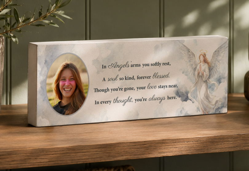 Personalised Memorial Angel Photo Upload Wooden Mantle Block