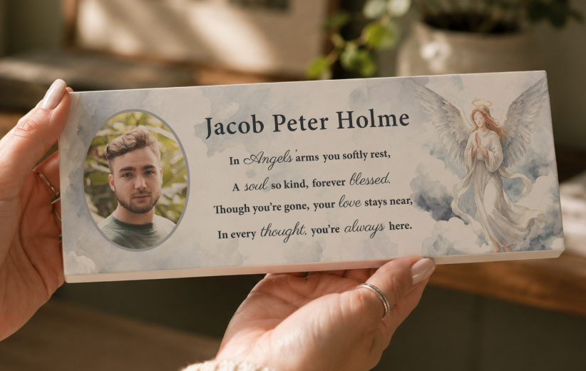 Personalised Memorial Angel Photo Upload Wooden Mantle Block